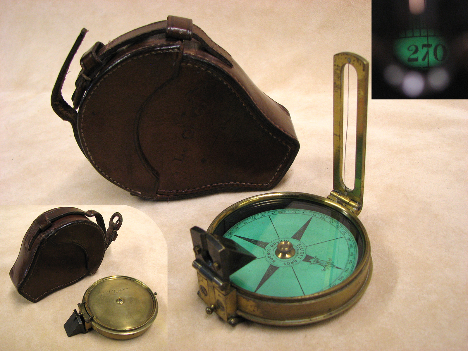 Mid 19th century Elliott Bros prismatic sighting compass owned by L.G. Cotton
